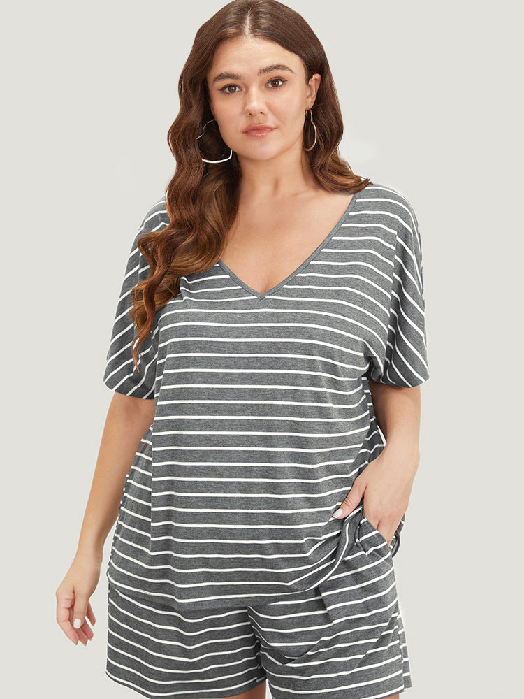 Striped Print Dolman Sleeve V Neck Sleep Top