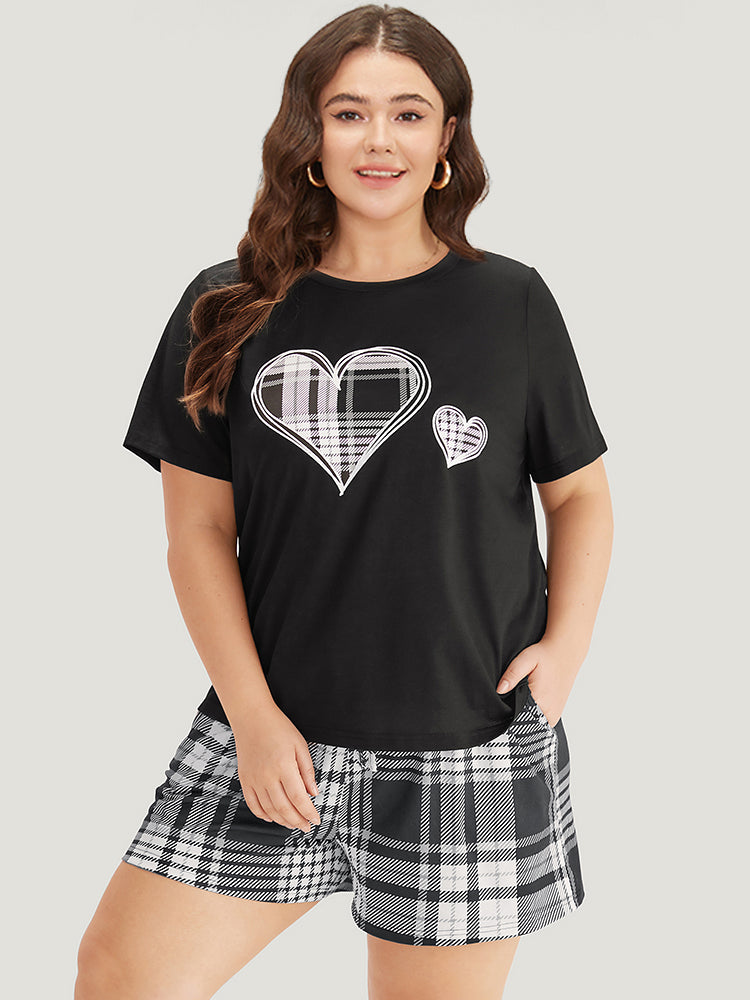 Heart Print Plaid Contrast Crew Neck Sleep Top