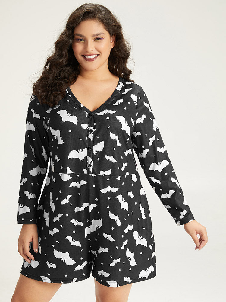 Halloween Bat Print Pocket Button Up Sleep Jumpsuit