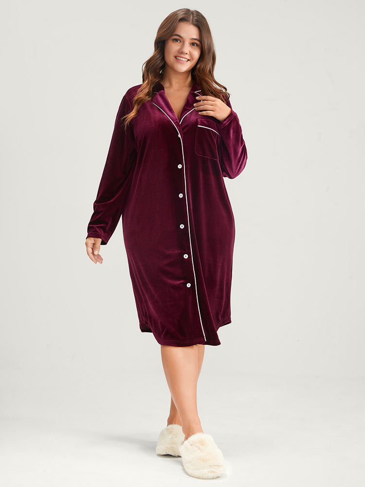 Solid Lapel Collar Button Up Arc Hem Velvet Sleep Dress