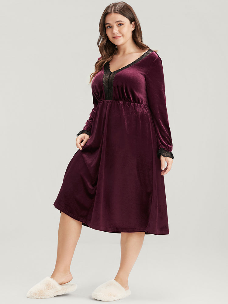 Solid V Neck Lace Velvet Night Dress