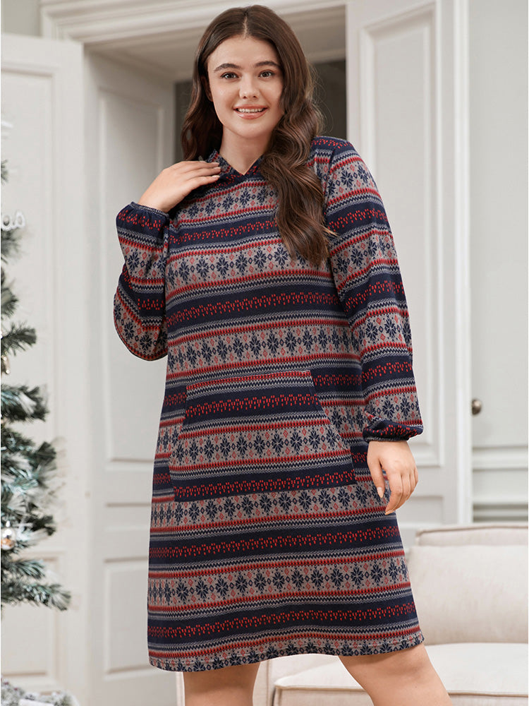 Snowflake Print Pocket Striped Hooded Dress