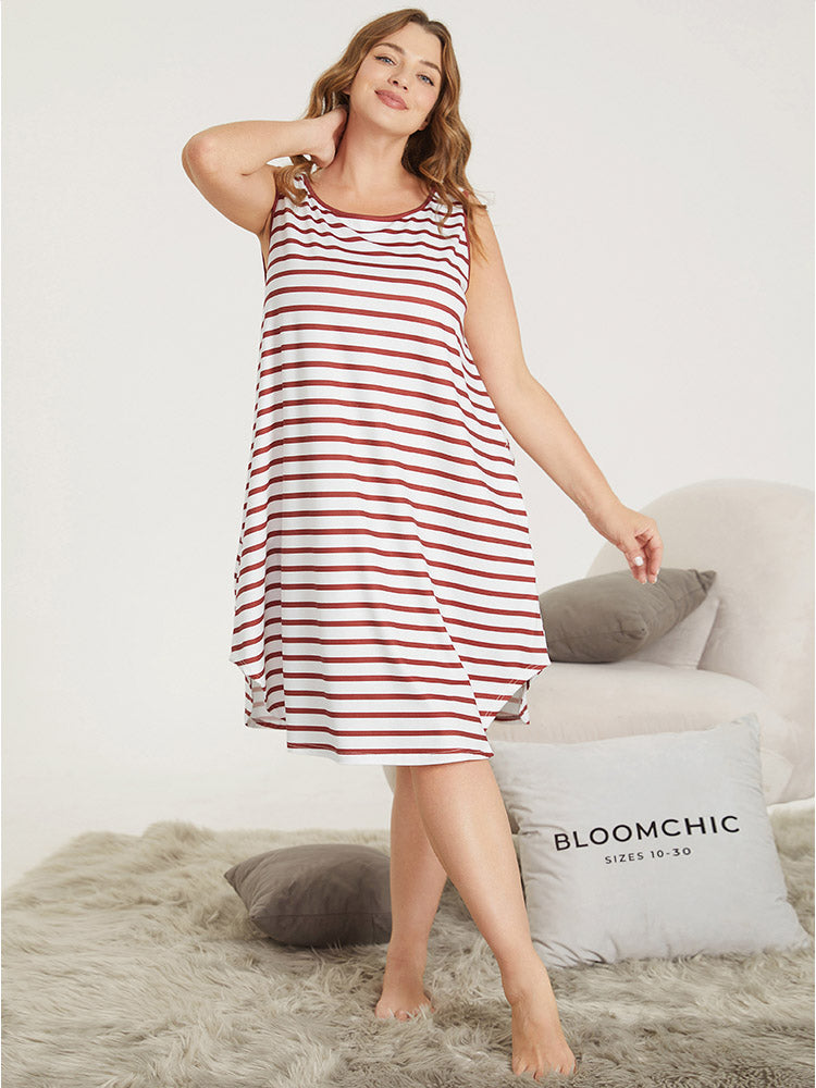 Striped Print Pocket Arc Hem Sleep Tank Dress