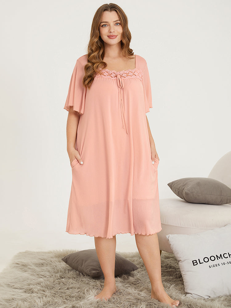 Solid Pocket Ruffles Lace Knot Square Neck Sleep Dress