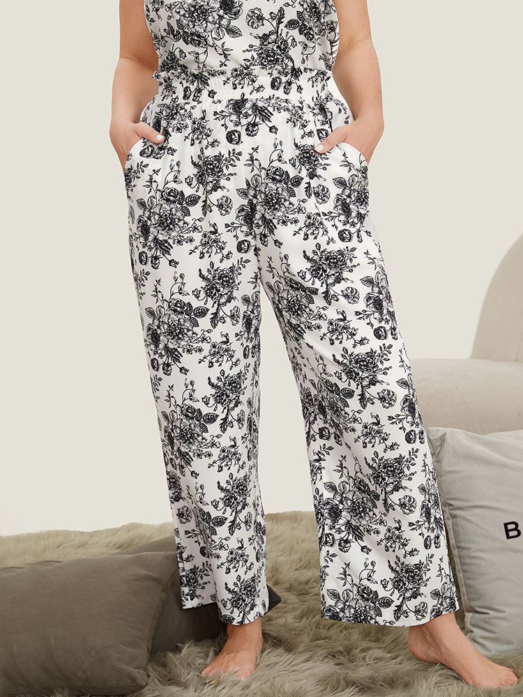 Floral Print Pocket Paperbag Waist Sleep Pants