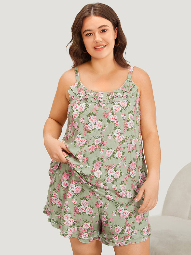 Floral Print Ruffle Trim Tiered Sleep Cami Top