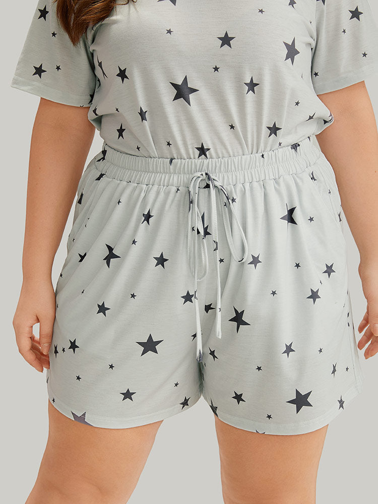 Star Print Elastic Waist Bowknot Sleep Shorts