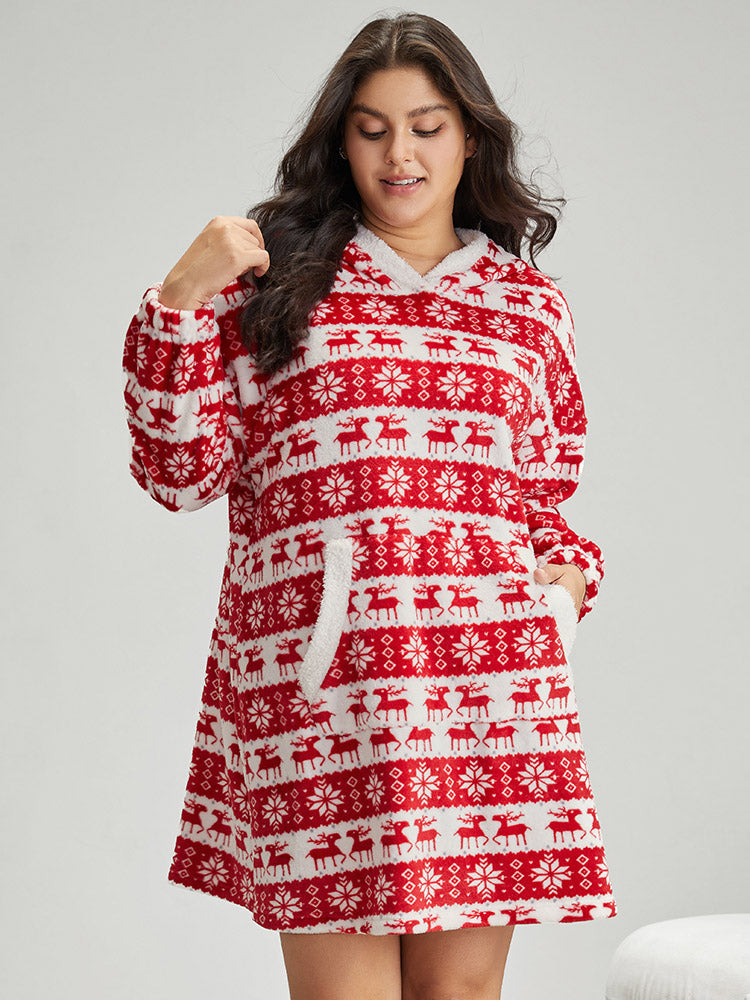 Christmas Elk Hooded Pocket Fuzzy Sleep Dress