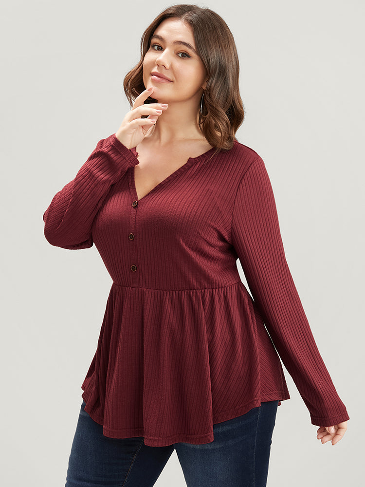 Solid Button Detail Rib Knit Asymmetrical Hem Long Tee