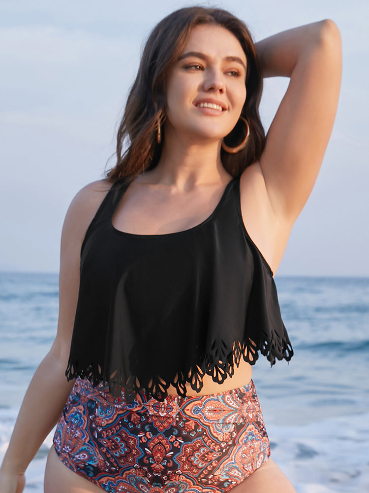 Solid Laser Cut Adjustable Straps Tankini Top