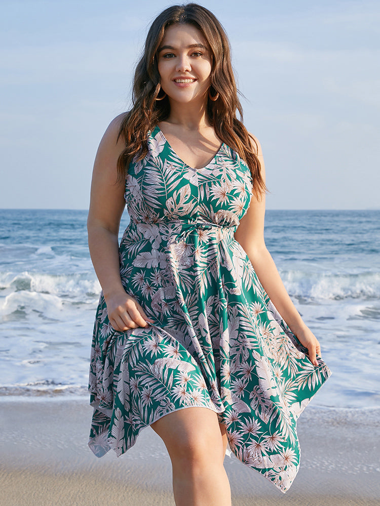 Plant Print Adjustable Straps Hanky Hem Tankini Top