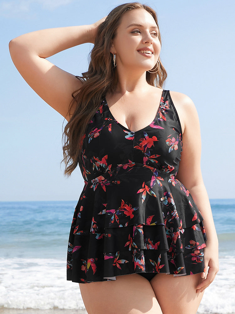 Floral Printed Ruffle Tiered A Line Tankini Top