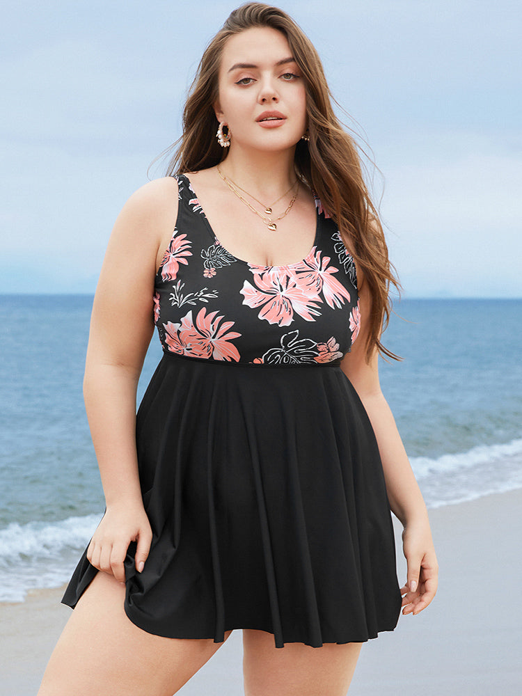 Floral Print Scoop Neck Sculpt Waist Swim Dress