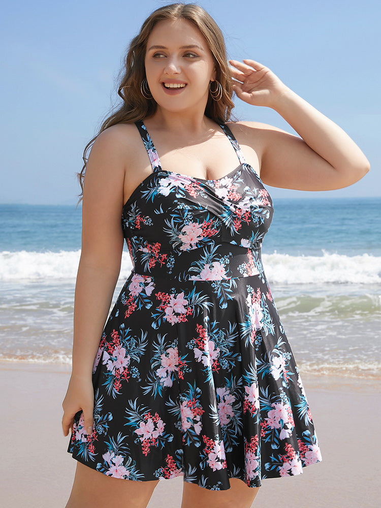 Floral Print Crossover A Line Ruffle Hem Swim Dress