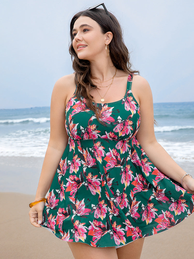 Floral Print A Line Round Neck Ruffle Hem Swim Dress