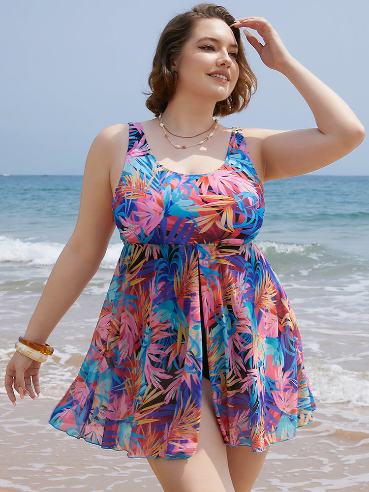 Tropical Print Ruffles Split Front Swim Dress