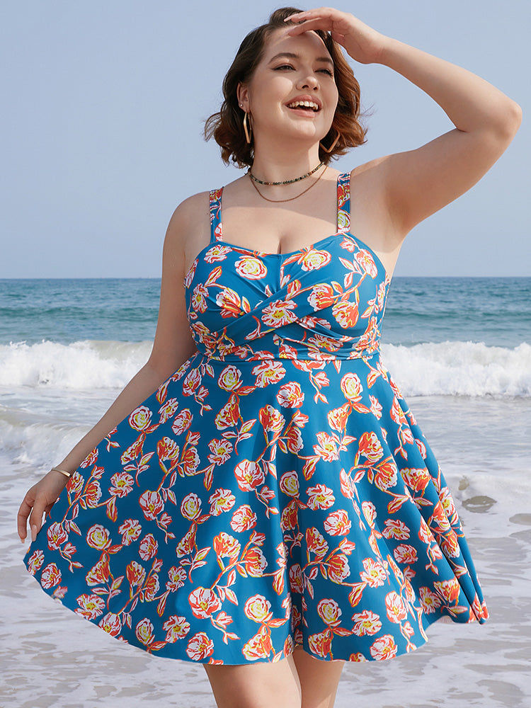 Floral Contrast Crossover Front Ruffles Adjustable Straps Swim Dress