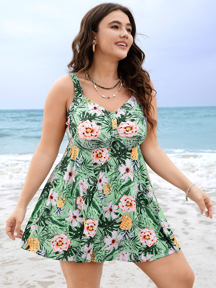 Tropical Print  A Line Flutter Ruched Front Swim Dress