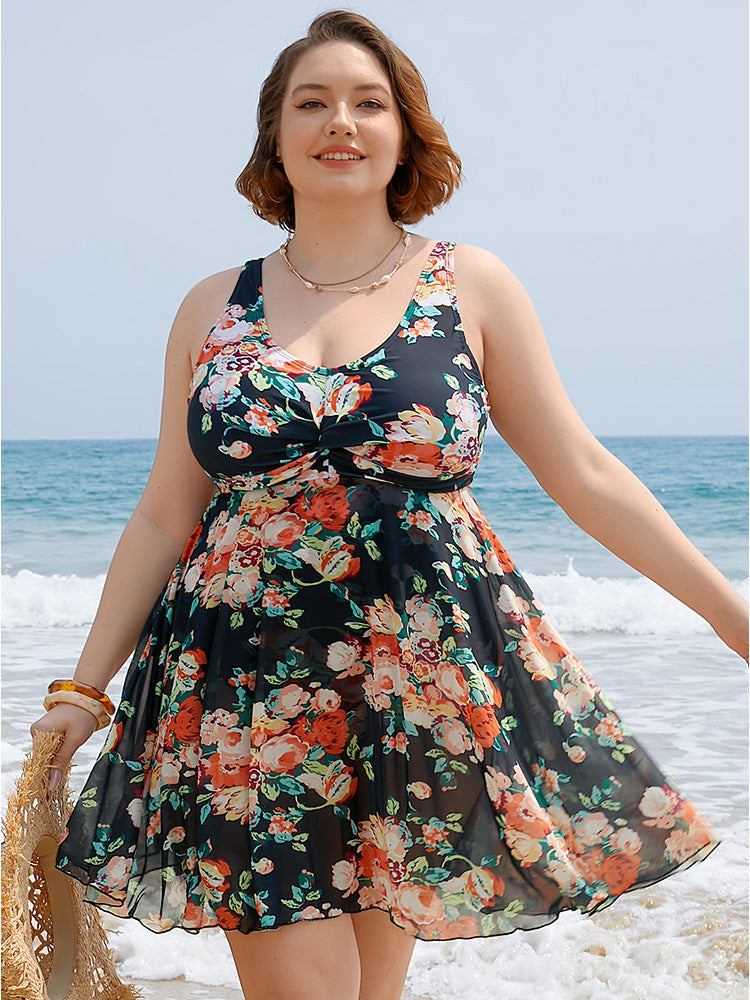 Floral Ruffle Hem Twist Ruched Swim Dress