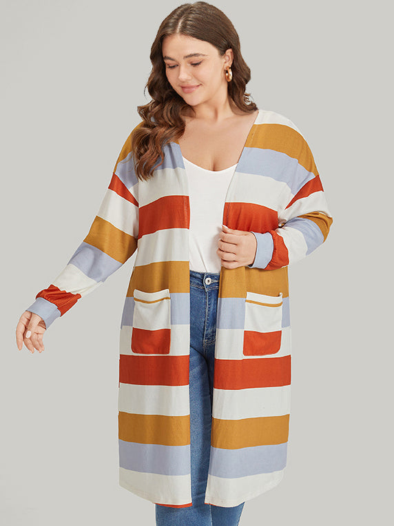 Striped Contrast Patched Pocket Open Front Kimono