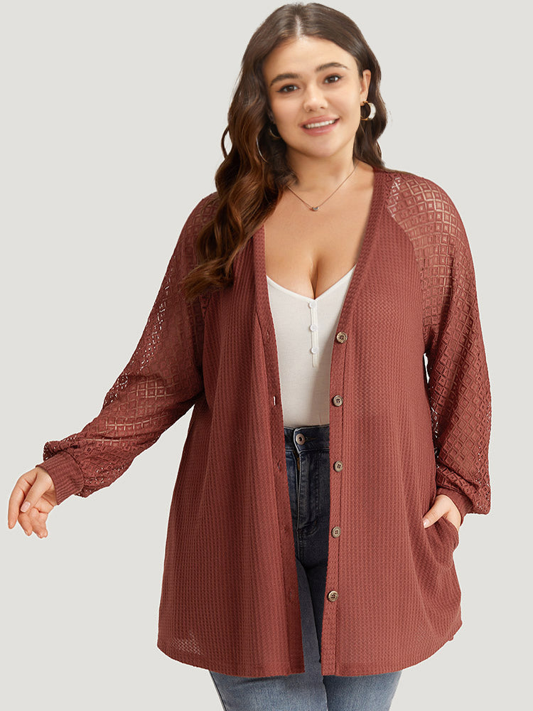 Solid Button Through Pocket Mesh Raglan Sleeve Kimono