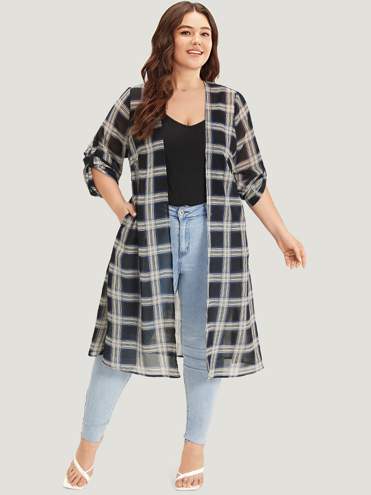 Plaid Pocket Open Front Roll Tab Sleeve Kimono