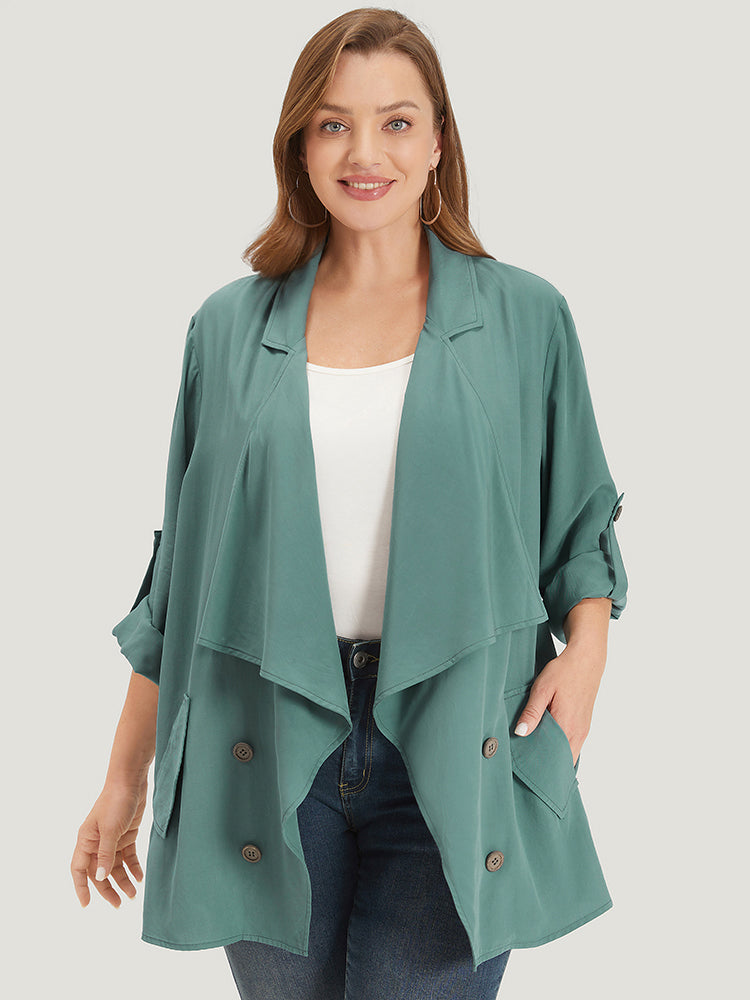 Solid Pocket Asymmetrical Neck Roll Tab Sleeve Kimono