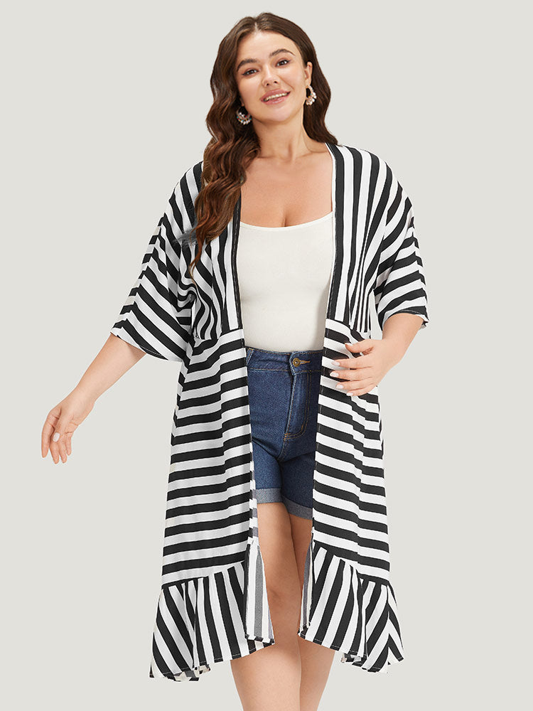 Striped Ruffle Hem Pocket Open Front Kimono