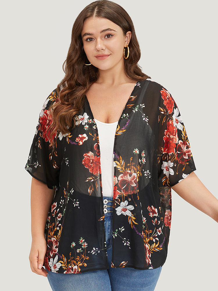 Floral Print Mesh Dolman Sleeve Kimono