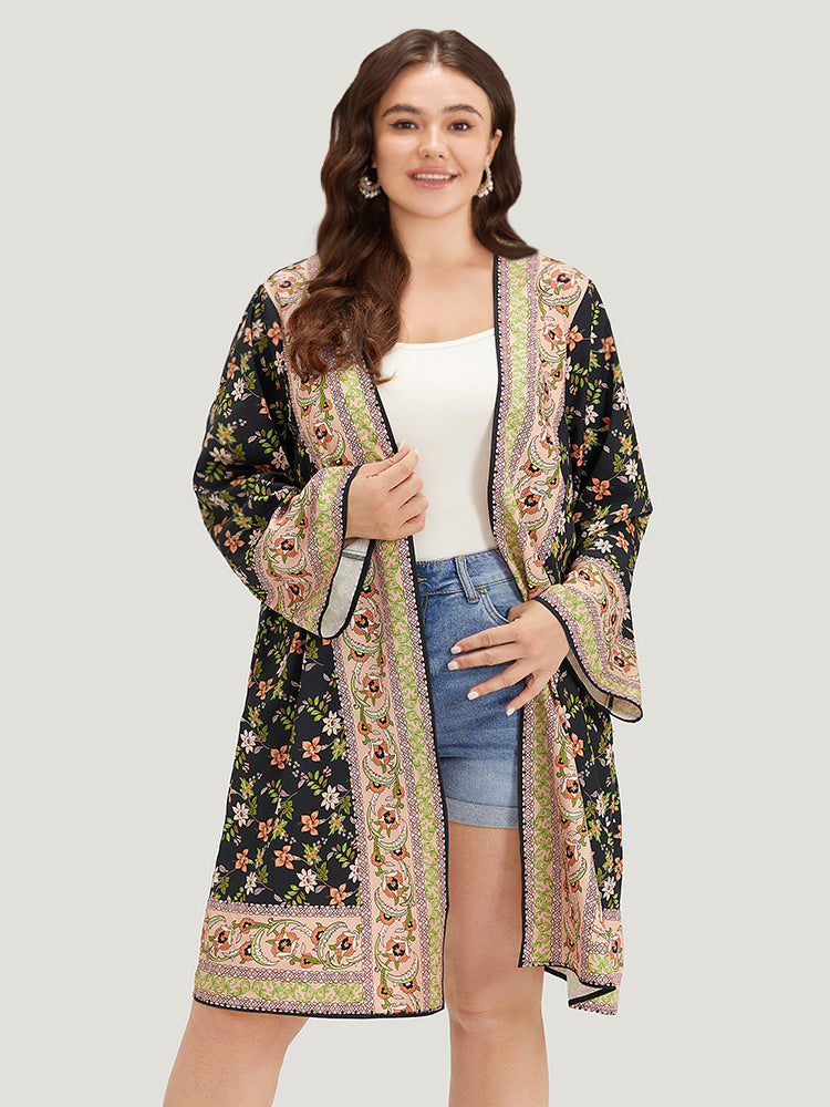 Boho Print Ruffle Sleeve Open Front Kimono