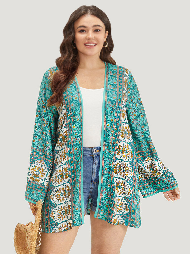 Boho Print Flutter Sleeve Open Front Kimono