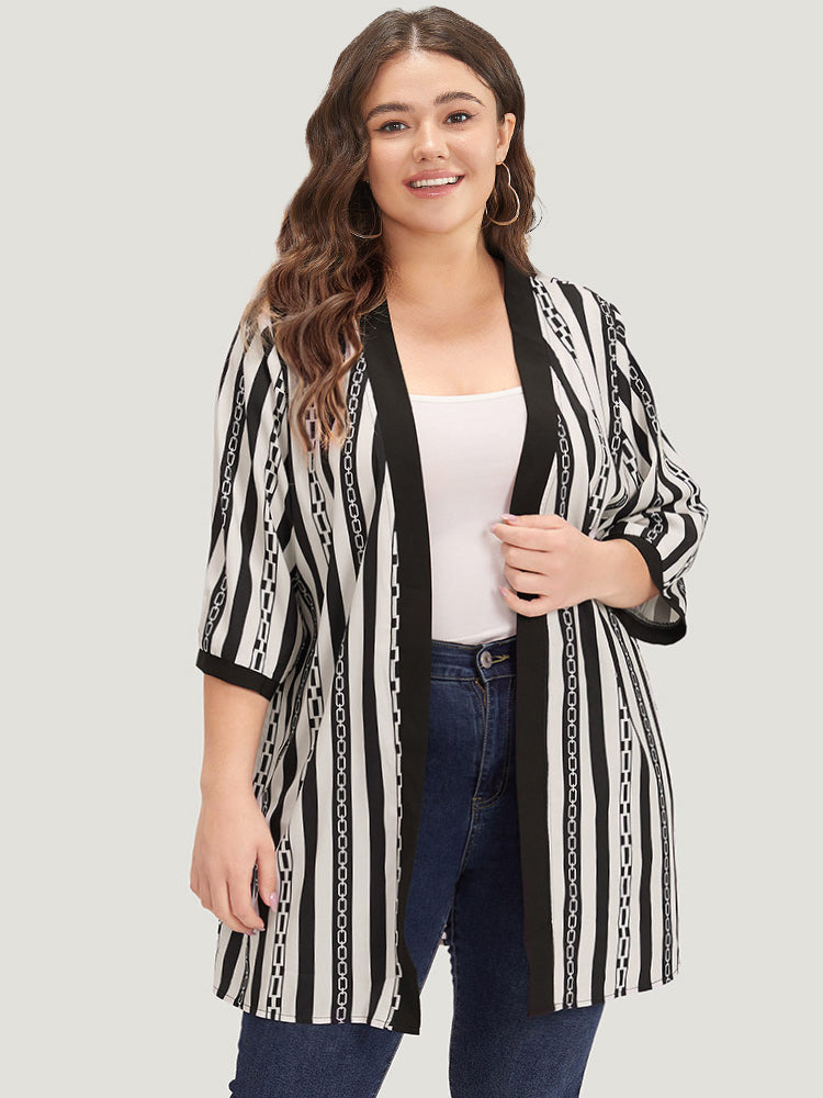 Striped Patchwork Contrast Open Front Kimono