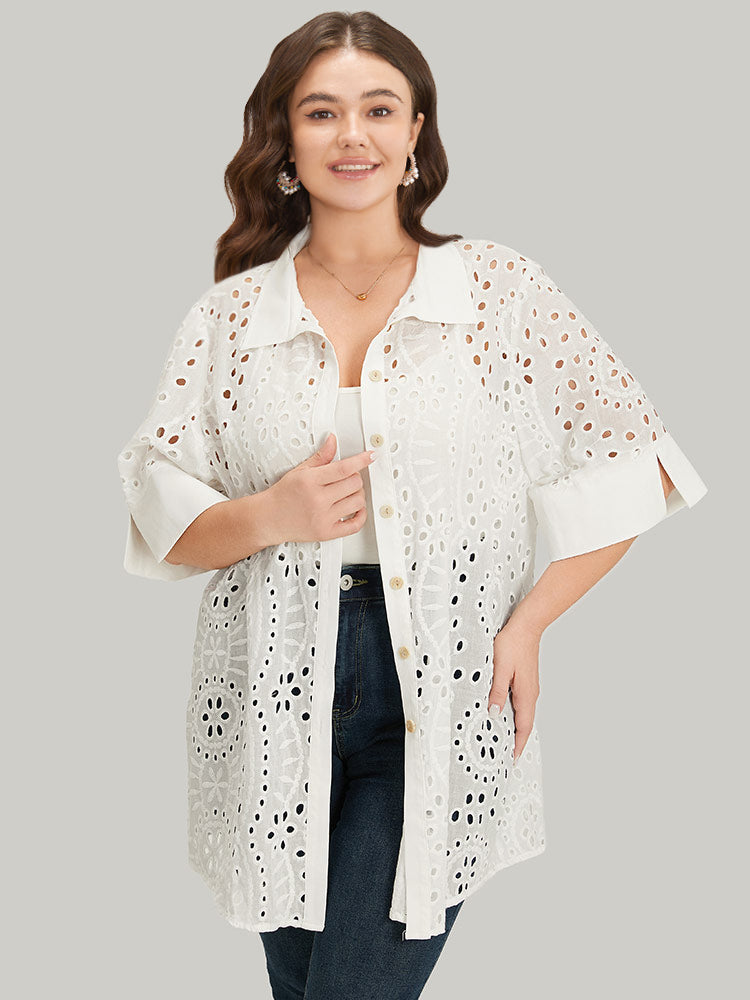 Plain Shirt Collar Broderie Anglaise Open Front Kimono