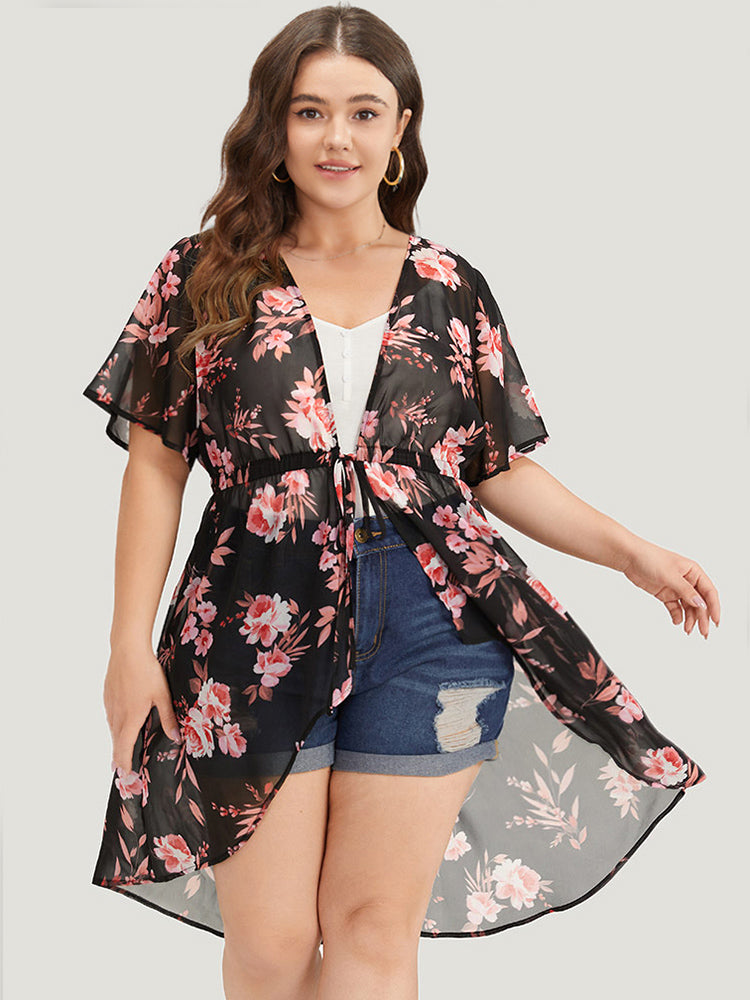 Floral Print Mesh Drawstring Knot Open Front Kimono