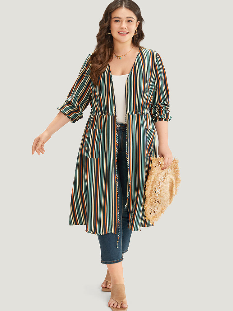 Striped Contrast Pocket Drawstring Knot Drape Kimono