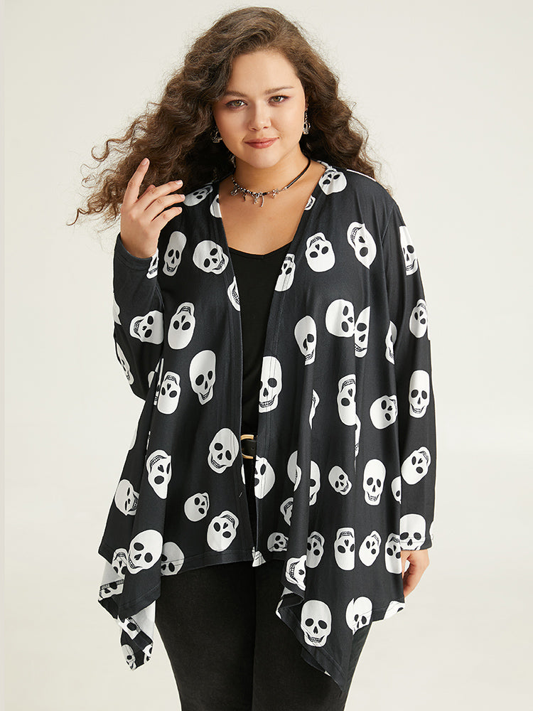 Halloween Skull Print Open Front Hanky Hem Kimono