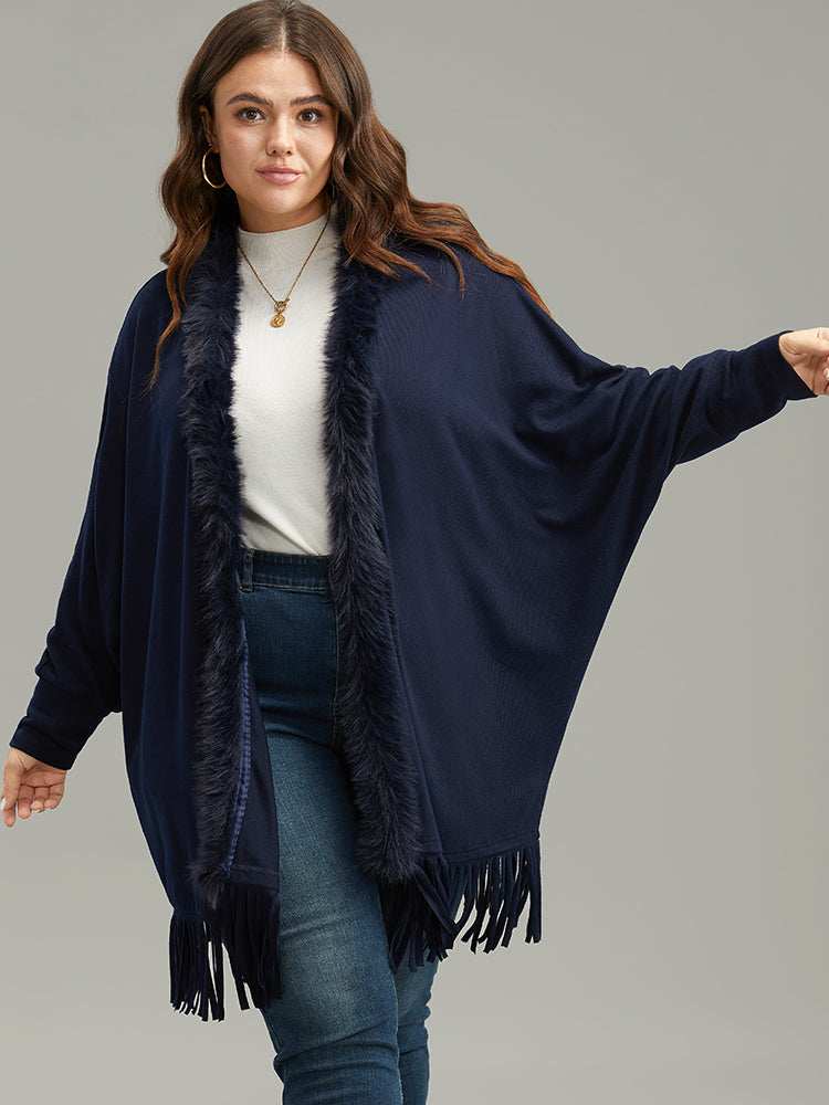 Plain Fringe Hem Fuzzy Trim Kimono