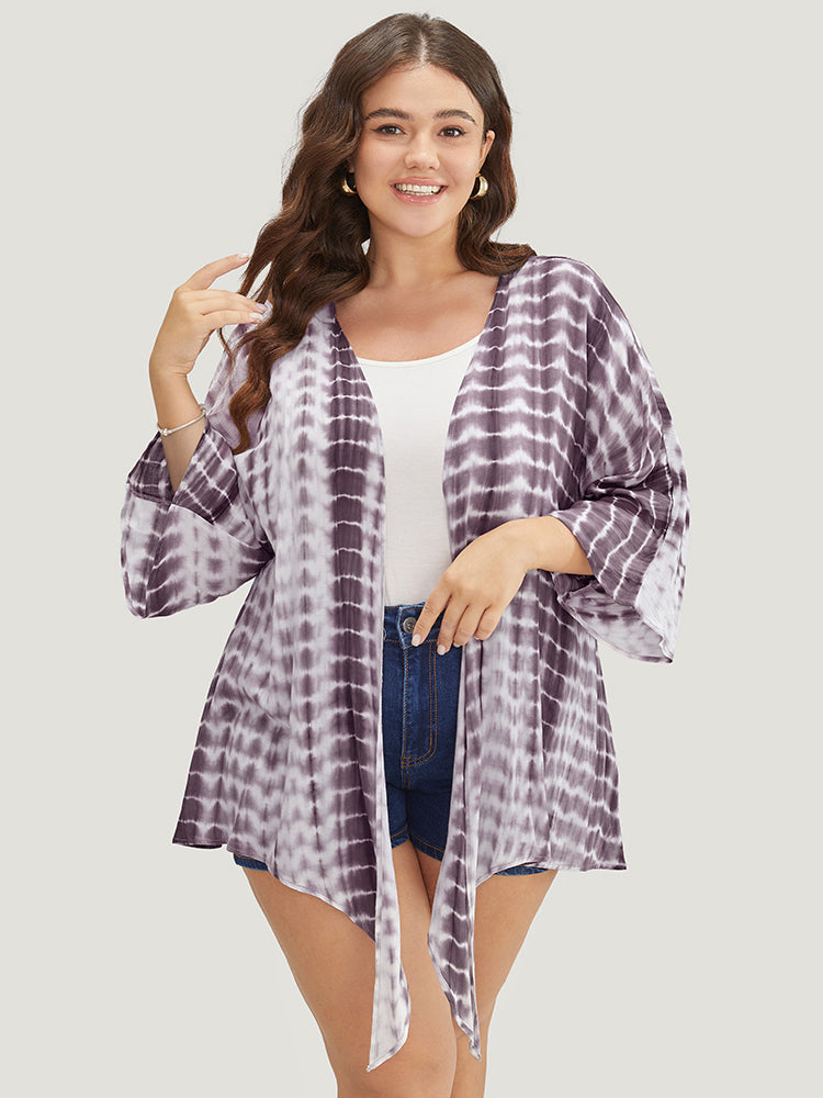 Tie Dye Open Front Batwing Sleeve Knotted Hem Kimono