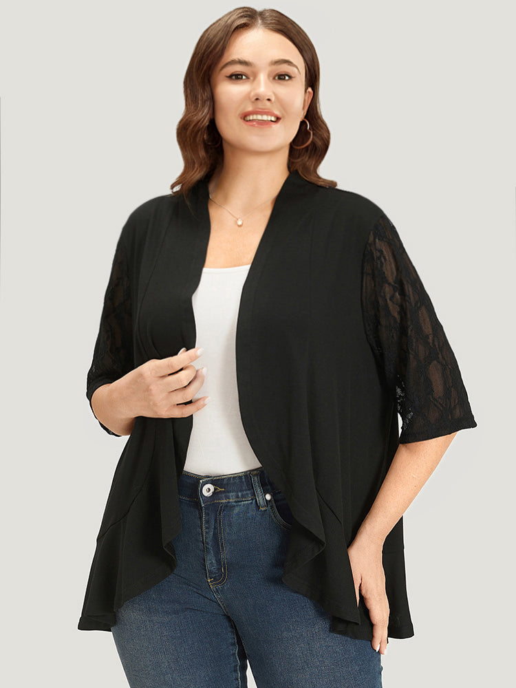 Crochet Lace Mesh Asymmetrical Hem Kimono