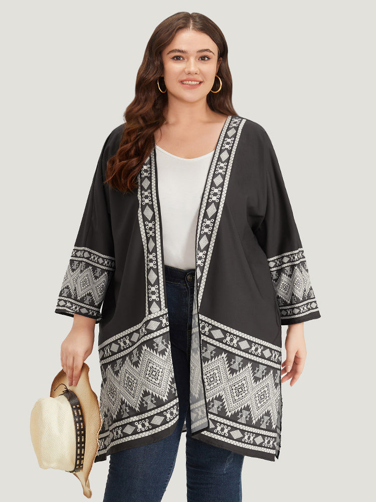 Boho Print Open Front Pocket Split Hem Kimono