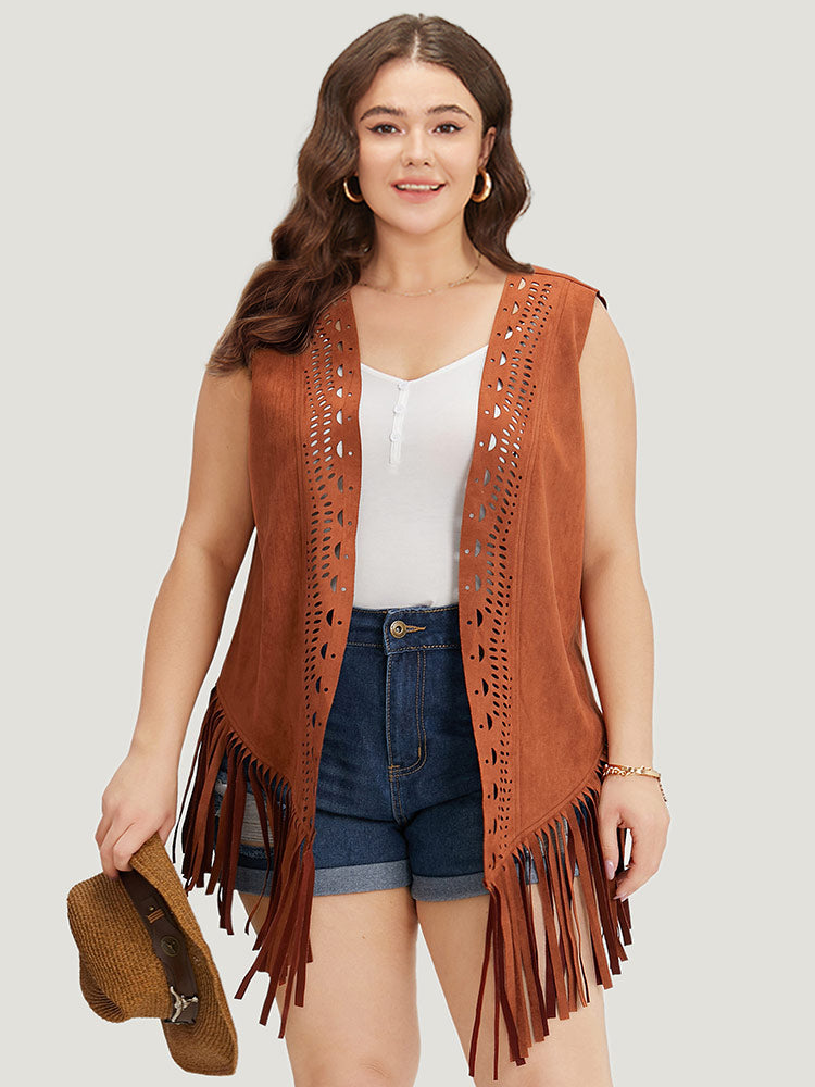 Plain Laser Cut Tassel Trim Sleeveless Kimono