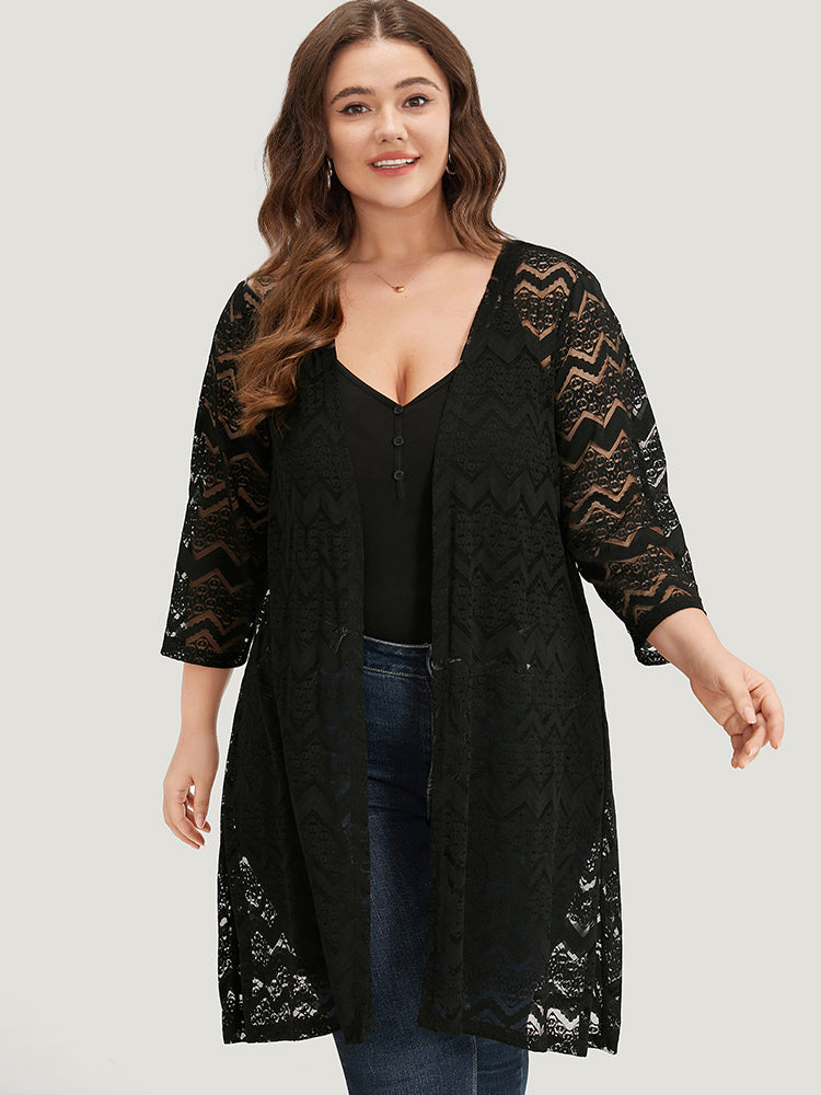 Halloween Plain Water Ripple Cut Out Lace Open Front Kimono