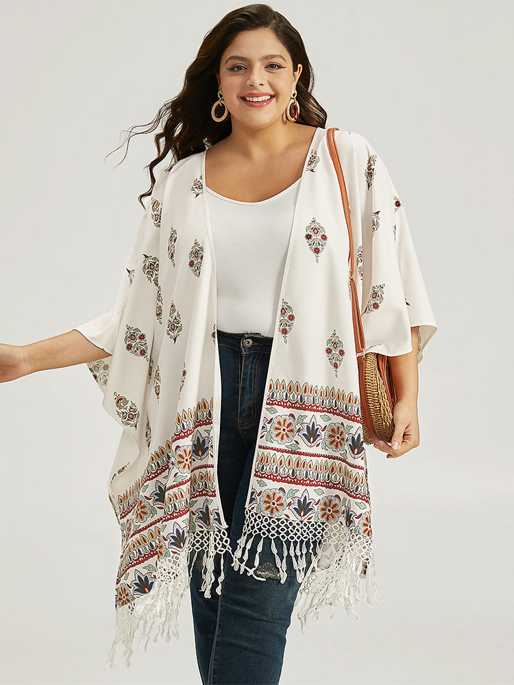 Boho Print Asymmetrical Hem Tassel Trim Drape Kimono