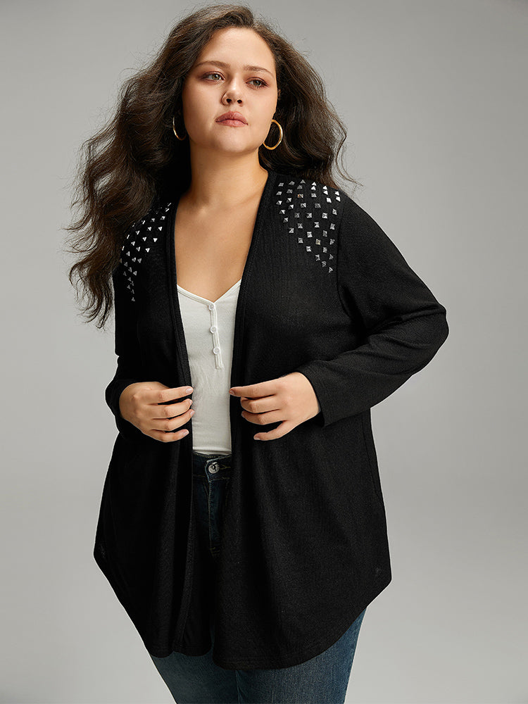 Plain Rivets Detail Open Front Asymmetrical Hem Kimono