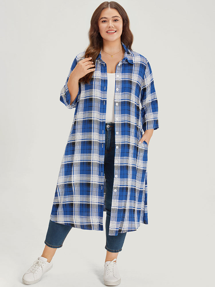 Plaid Shirt Collar Pocket Button Through Kimono