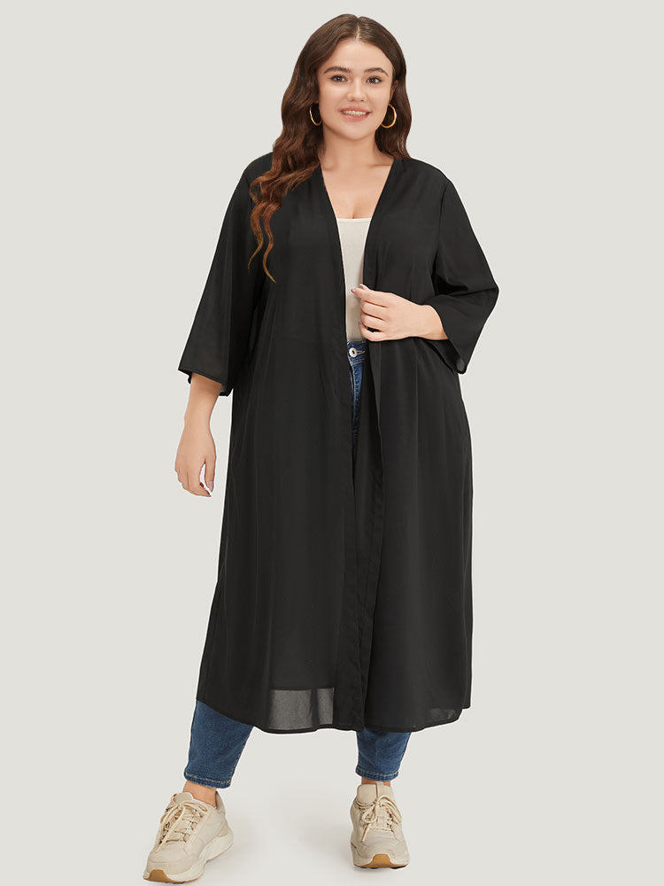 Plain Pocket Mesh Maxi Kimono