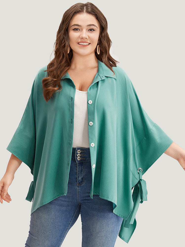 Plain Shirt Collar Asymmetrical Hem Bowknot Kimono