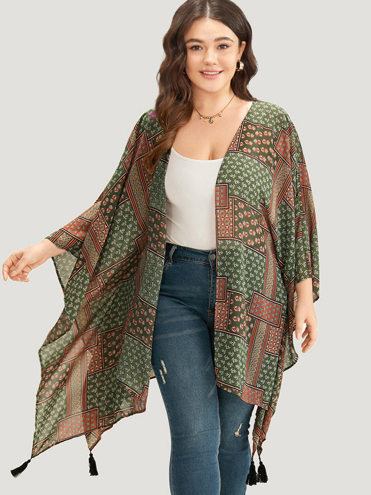 Bandana Print Tassels Trim Asymmetrical Hem Kimono