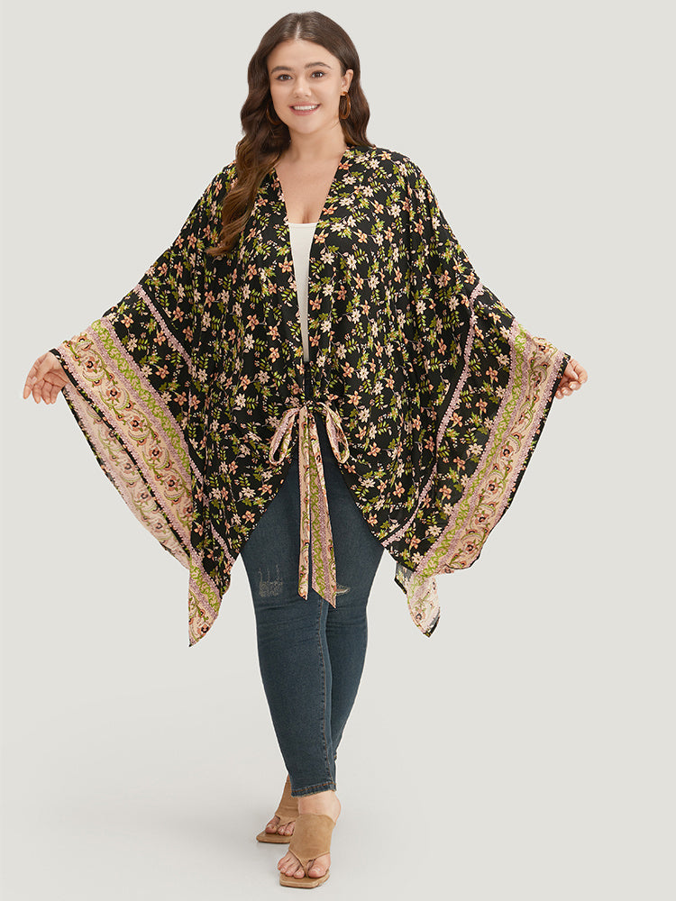 Floral Print Bowknot Front Batwing Sleeve Kimono