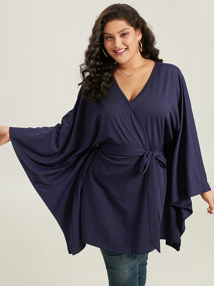 Plain Drape  Surplice Neck Belted Kimono